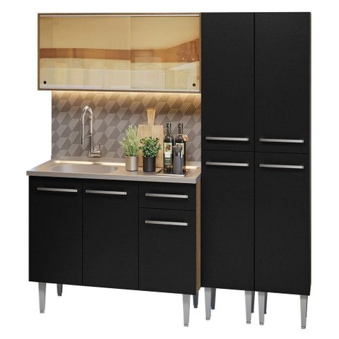 Armário de Cozinha Compacta 169cm com Pia Rustic/preto Emilly Madesa 12 Rustic/preto Rustic/preto