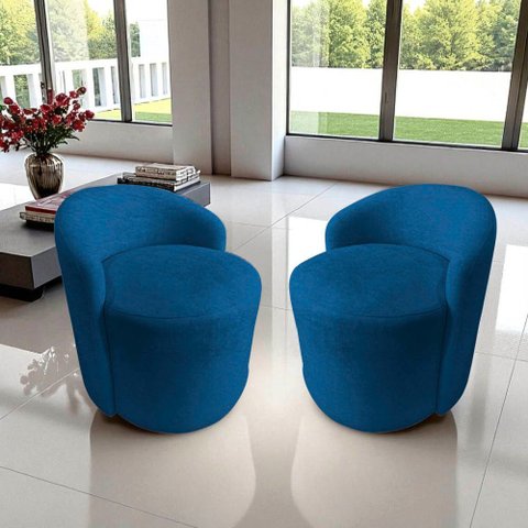 Kit 2 Poltronas Decorativa Yara Orgânica Couro Azul Marinho