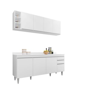 Kit Armário Aéreo com Nicho e Balcão 180cm C/ Tampo Branco - Vallisa Decor