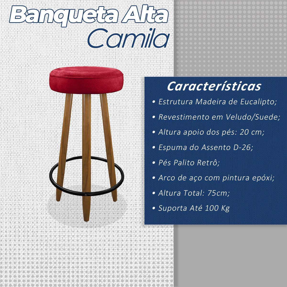 Banco Banqueta Alta Camila Estofada para Bancada e Bar Vermelho - 3