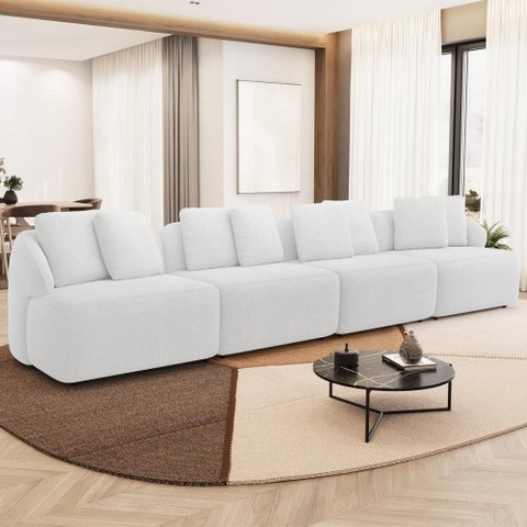Sofá 4 Lugares para Sala de Estar Living 308cm Arlo F04 Bouclê Off White - Lyam Decor