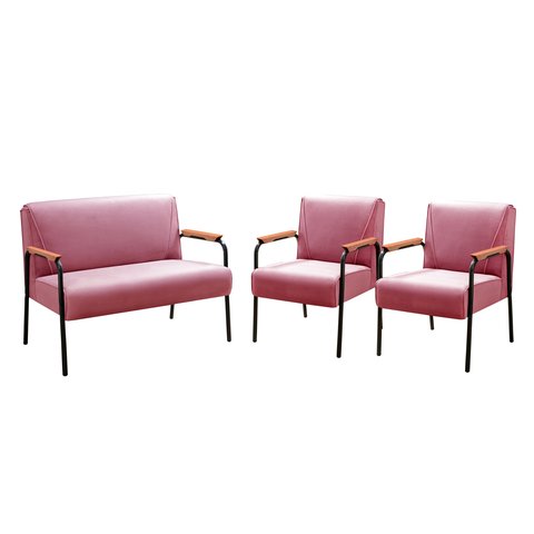 Kit Namoradeira + 2 Poltronas Jade Braço Metal Decoração Sala Escritório  - Suede Rosa