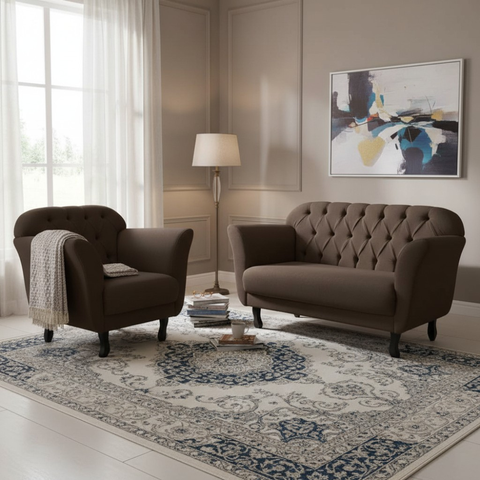 Kit Namoradeira + 1 Poltrona Decorativa Dália Couro Marrom Pés Madeira Mz Decor