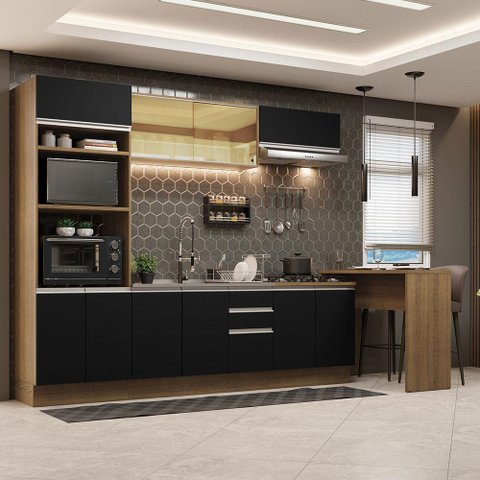 Armário de Cozinha Completa 315cm Rustic/Preto Glamy Madesa 01