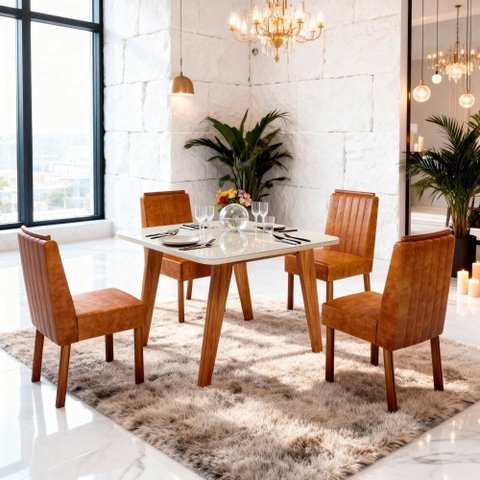 Sala de Jantar 90x90 Mavie Mdf/vidro 4 Cadeiras Caramelo