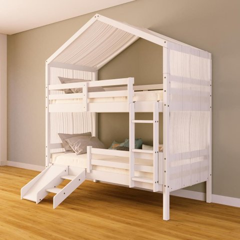 Beliche Solteiro Casinha com Cortina Kit Escada/Escorregador Grade Proteção Madeira Maciça Branco