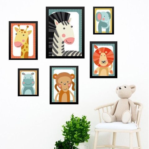 Kit Composição 6 Quadros Infantis Bichos Safari - com Vidro:moldura Preta