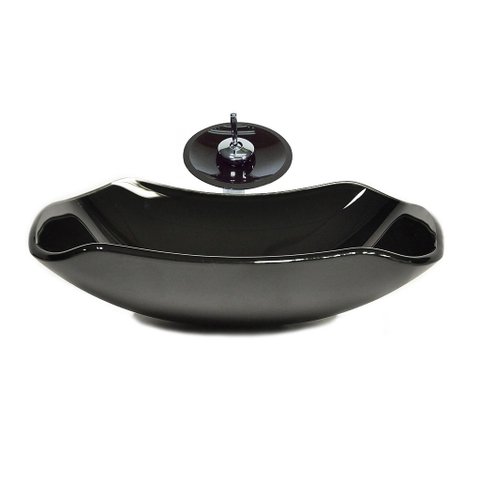 CUBA DE VIDRO ABAULADA 45CM PRETO + VALVULA + TORNEIRA CASCATA