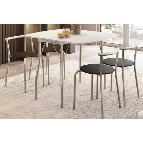 Conjunto Mesa Sala Jantar Dobrável e 4 Banquetas 105 Prata Branco Prata Preto Carraro