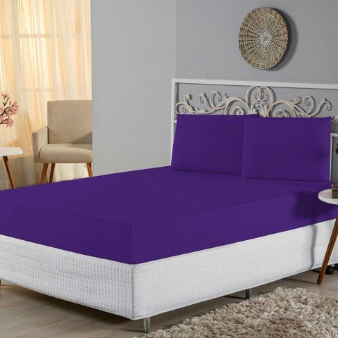 Jogo de Lençol Casal Padrão Malha 100% Algodão 3 Peças Cor Roxo