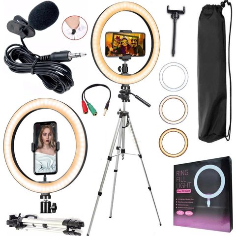 Kit Youtuber Tripé Profissional Microfone Led Ring Light + Microfone Lapela