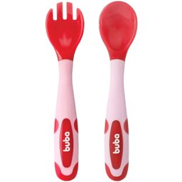 Kit Talheres para Bebê Flexíveis e Termossensíveis Garfo e Colher Silicone Buba Rosa - 1