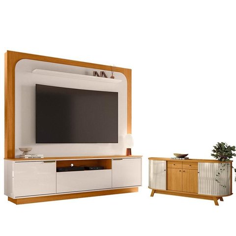 Estante Home Theater Nilo sem Pés com Aparador para Sala Buffet Mônaco Cinamomo Off White - Madetec