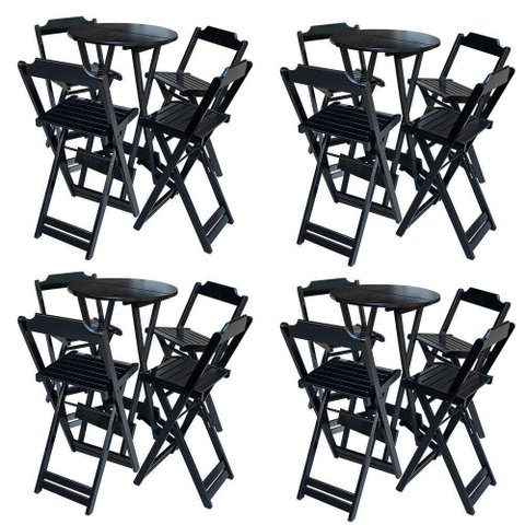 Kit 4 Jogos De Mesa Bistrô De Madeira Com 4 Cadeiras Dobravel Preto - Preto