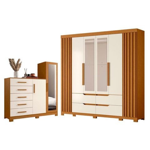 Guarda Roupa Casal Doble com Espelho 06 Portas e Cômoda New Master 02 Portas e 05 Gavetas Cinamomo