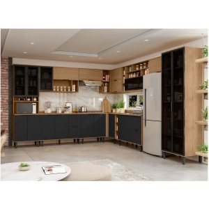 Cozinha Modulada Completa de Canto Lombardia Freijó Nero - Alj Móveis