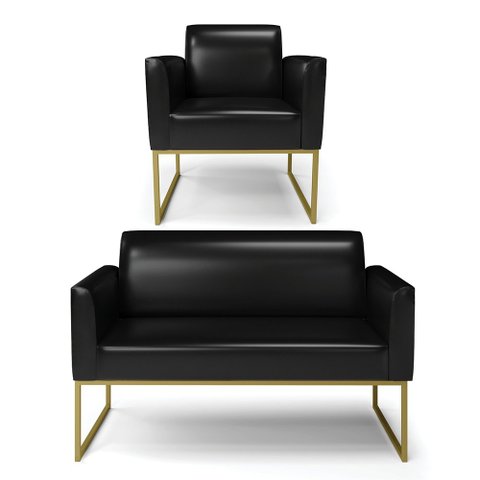 Sofá Namoradeira com Poltrona Base Industrial Dourado Marisa Corano Preto D03 - D'Rossi