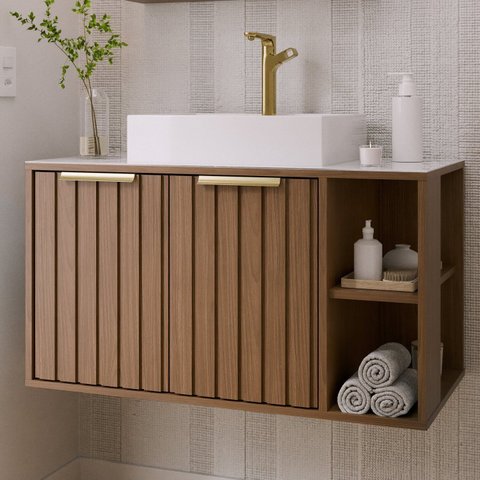 Gabinete para Banheiro 80cm com 2 Portas 2 Nichos e Cuba de Sobrepor Noruega