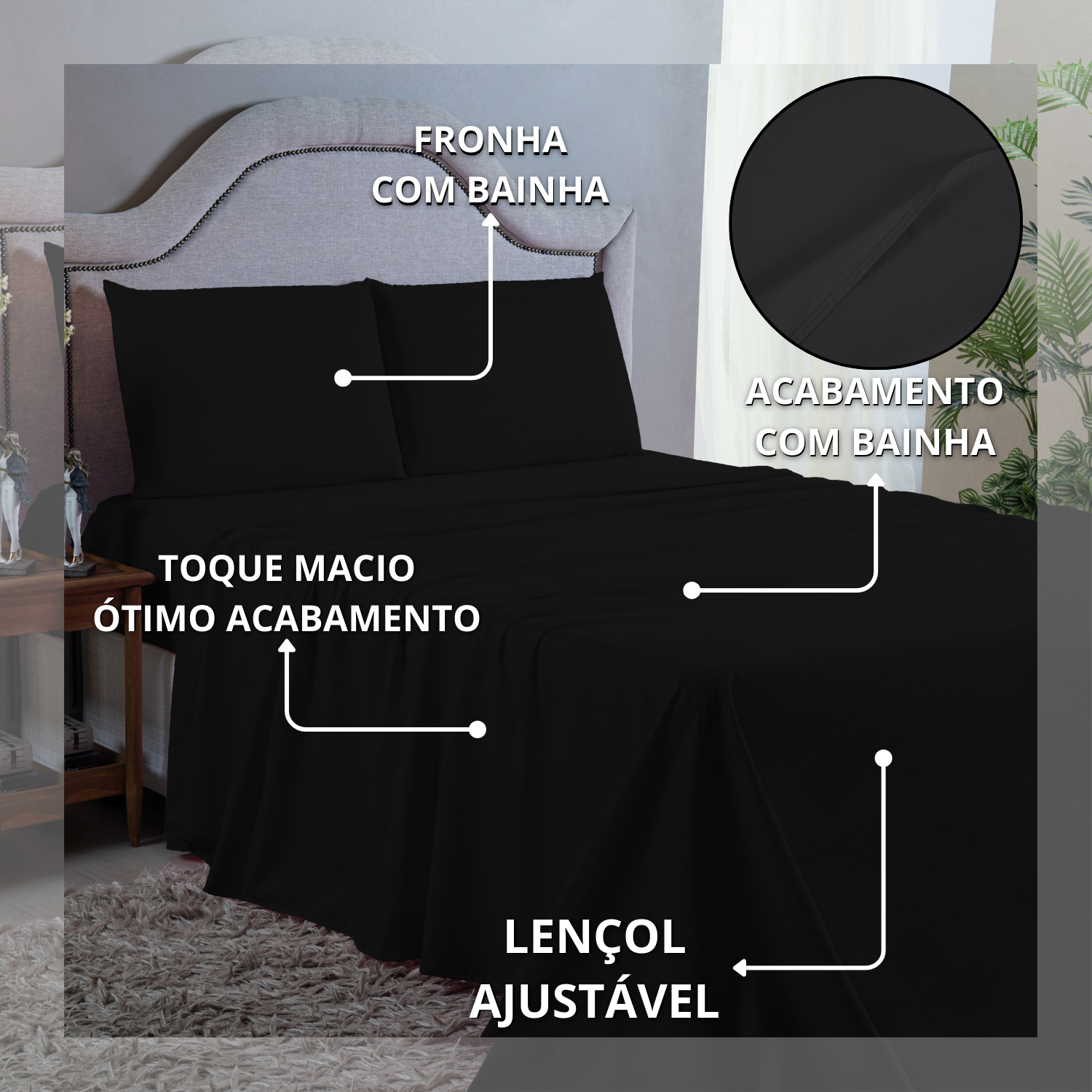 Jogo de Cama Lençol King Size 400 Fios Poliéster 4 Peças Conjunto com Elástico e Fronhas:preto - 5