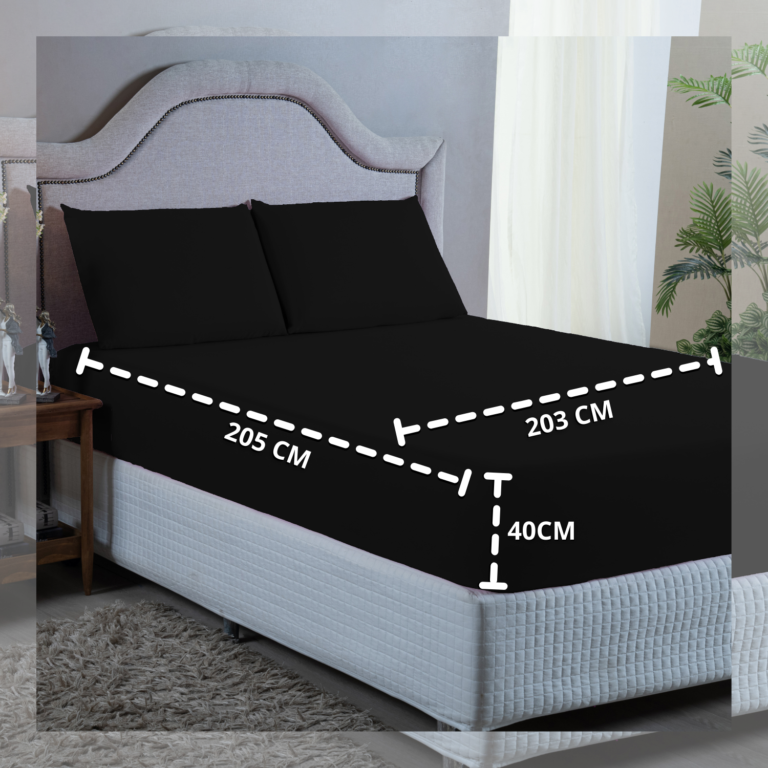 Jogo de Cama Lençol King Size 400 Fios Poliéster 4 Peças Conjunto com Elástico e Fronhas:preto - 4