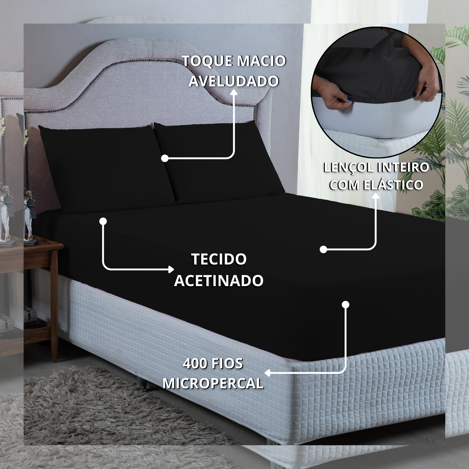 Jogo de Cama Lençol King Size 400 Fios Poliéster 4 Peças Conjunto com Elástico e Fronhas:preto - 6