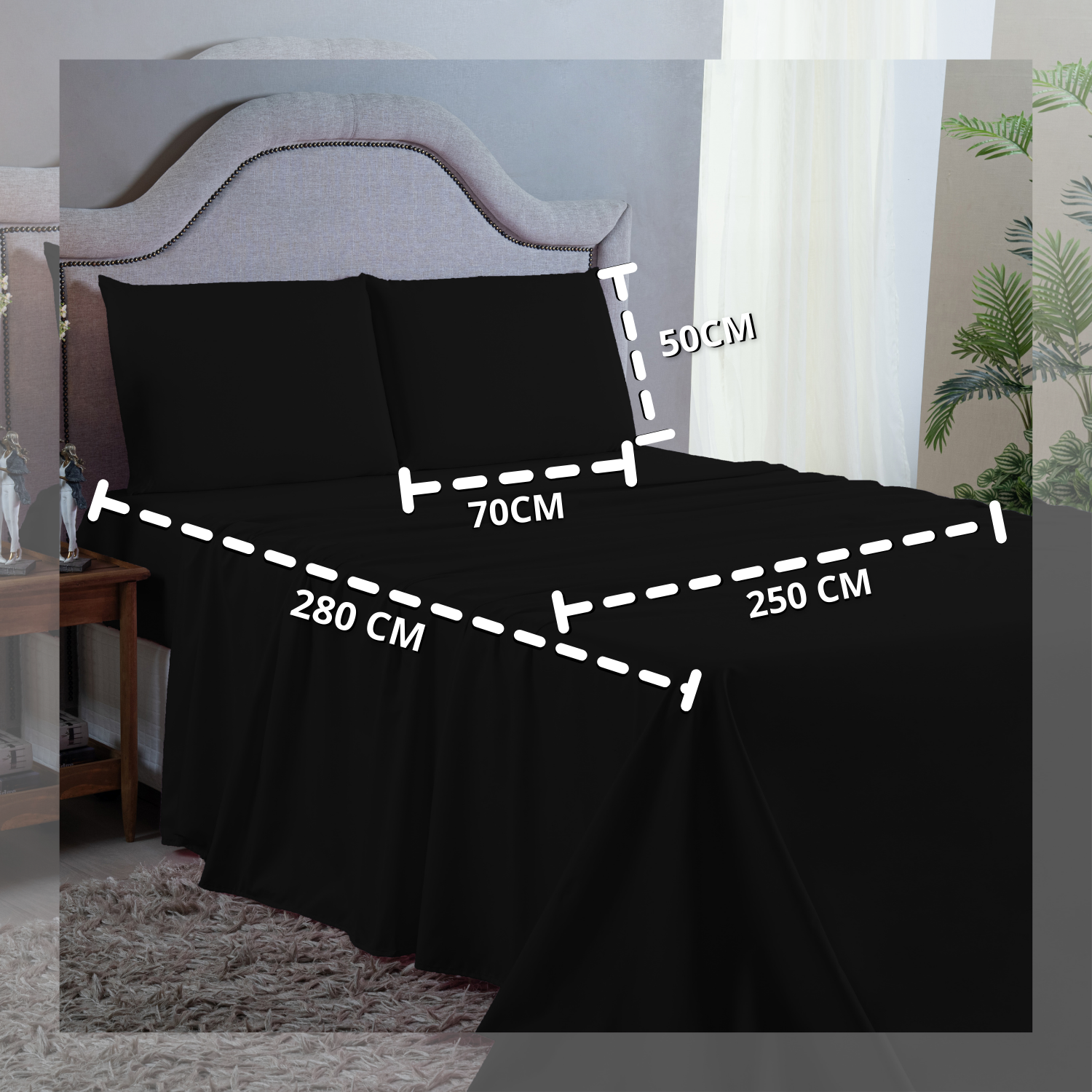 Jogo de Cama Lençol King Size 400 Fios Poliéster 4 Peças Conjunto com Elástico e Fronhas:preto - 3