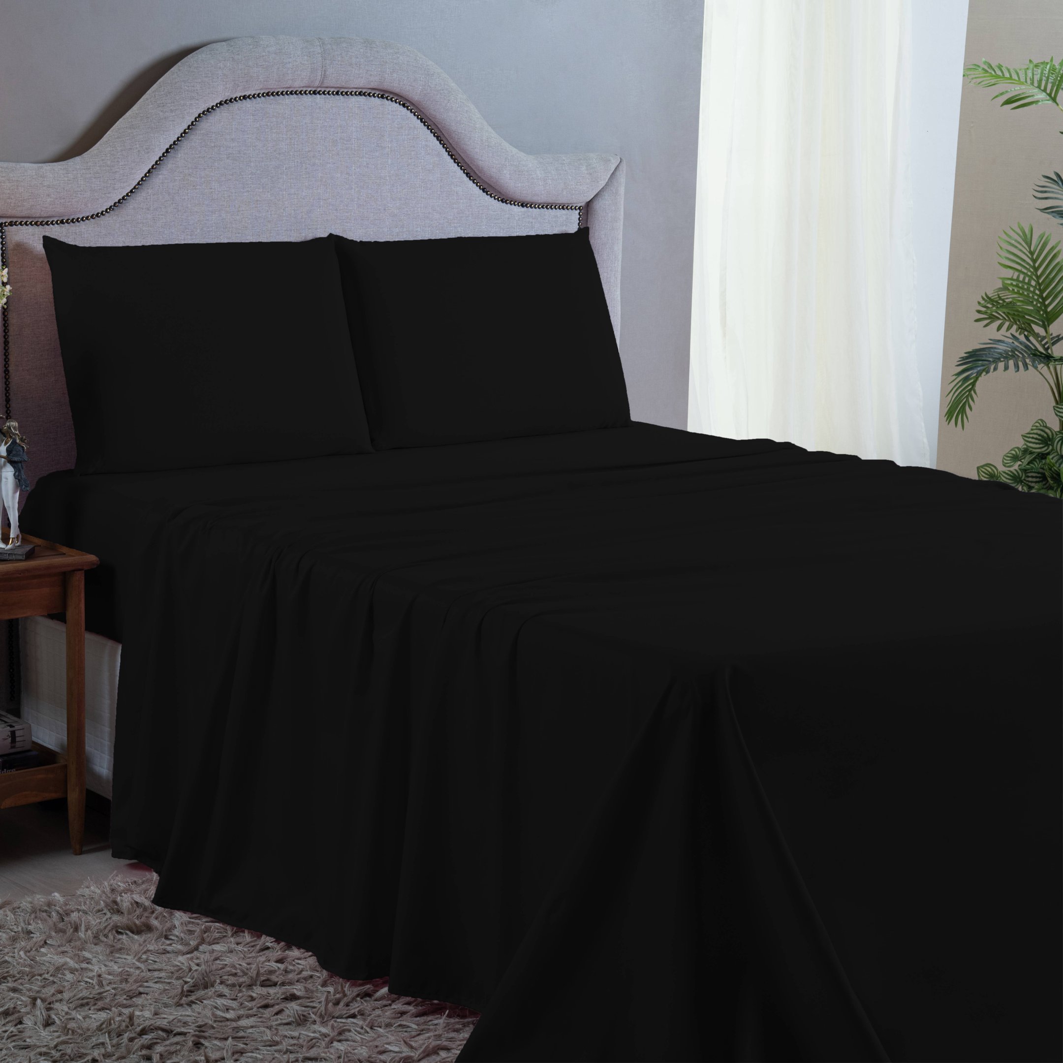 Jogo de Cama Lençol King Size 400 Fios Poliéster 4 Peças Conjunto com Elástico e Fronhas:preto - 2