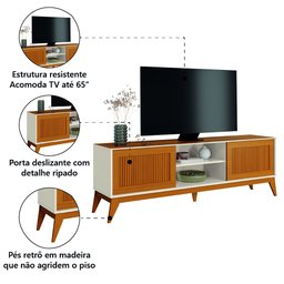 Rack Bancada para Tv até 65 Polegadas 1,80m Ripado Impressão 3d 2 Portas Cedro / Off White King - 4