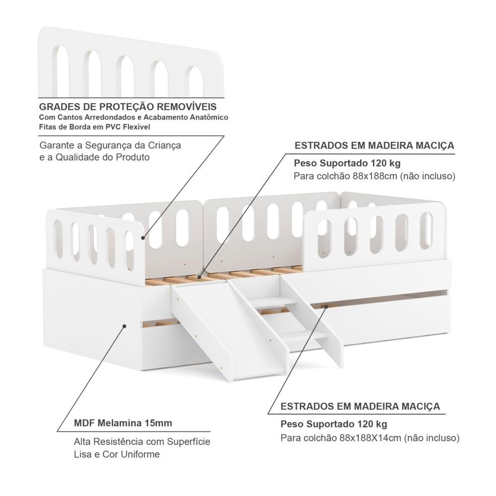 Bicama Solteiro Mdf Branco com Escadinha/escorrega 03 Grades e Cabeceira Anatômica Mobilistore - 5