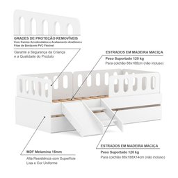 Bicama Solteiro Mdf Branco com Escadinha/escorrega 03 Grades e Cabeceira Anatômica Mobilistore - 5