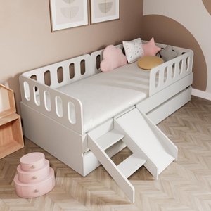 Bicama Solteiro Mdf Branco com Escadinha/escorrega 03 Grades e Cabeceira Anatômica Mobilistore
