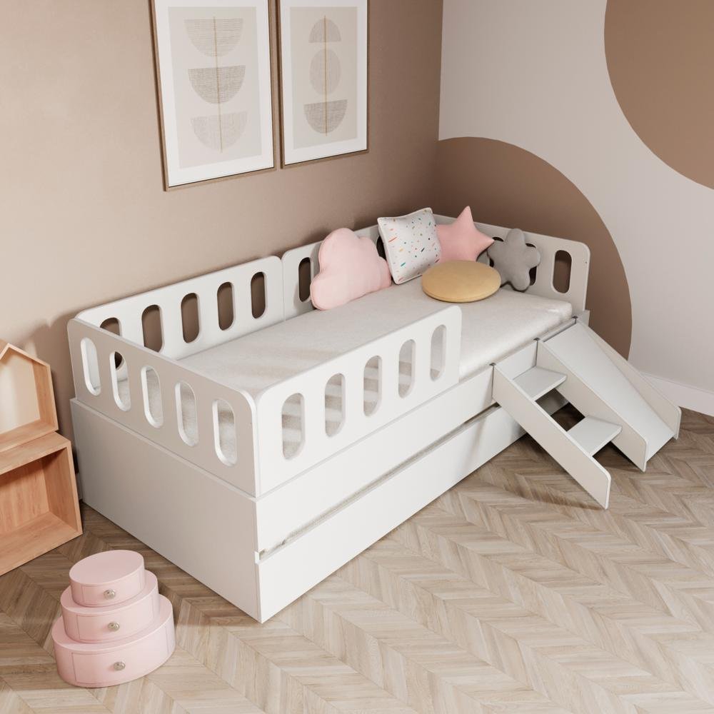 Bicama Solteiro Mdf Branco com Escadinha/escorrega 03 Grades e Cabeceira Anatômica Mobilistore - 2