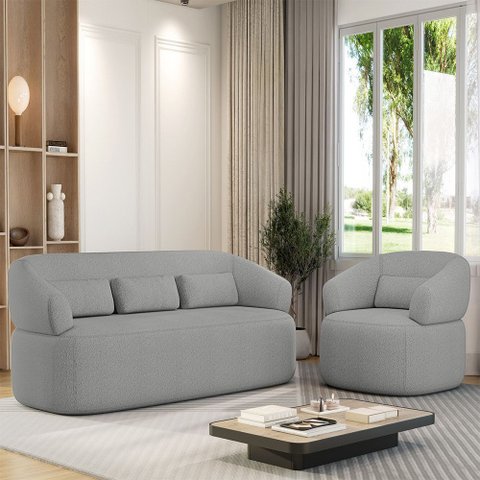 Conjunto Poltrona e Sofá Living Orgânico Duomo 1,80m Boucle Just Time