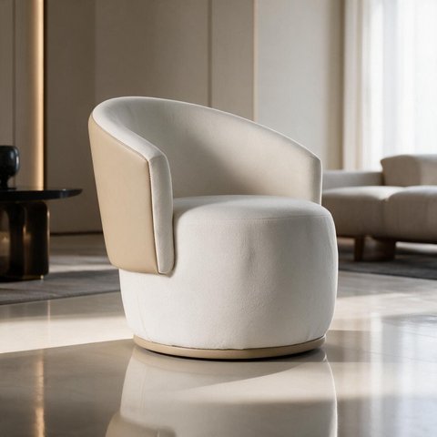 Poltrona Giratória Redonda Confortável Capri Compose Bouclé Corino Luxuosa p/ Sala Recepção Hall:Beg