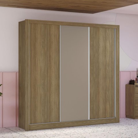 Guarda Roupa com 3 Portas de Correr e 2 Gavetas - Nogueira/Fendi