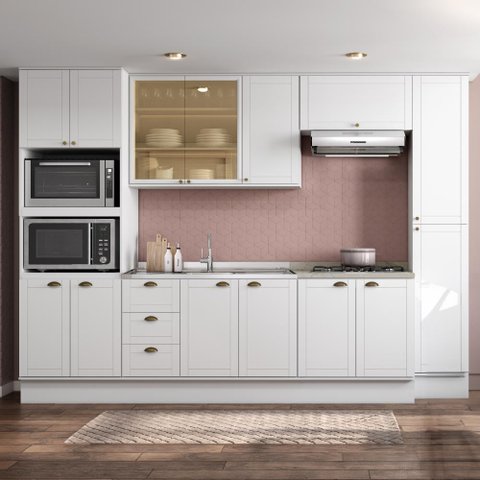 Cozinha Completa 6 Peças Milla Look 100% Mdf Armário Vidro Reflecta e Balcão Pia e Cooktop Branco Ca