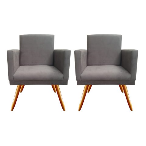 Kit 2 Poltronas Decorativa Bia Suede Cinza Pés Madeira Ms Decor