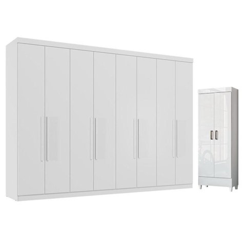 Guarda Roupa Casal Toledo 8 Portas 4 Gavetas MDP Branco Brilho com Armário Multiuso Santos Andirá