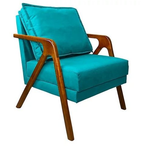 Poltrona Marília Madeira Maciça - Suede Azul Turquesa