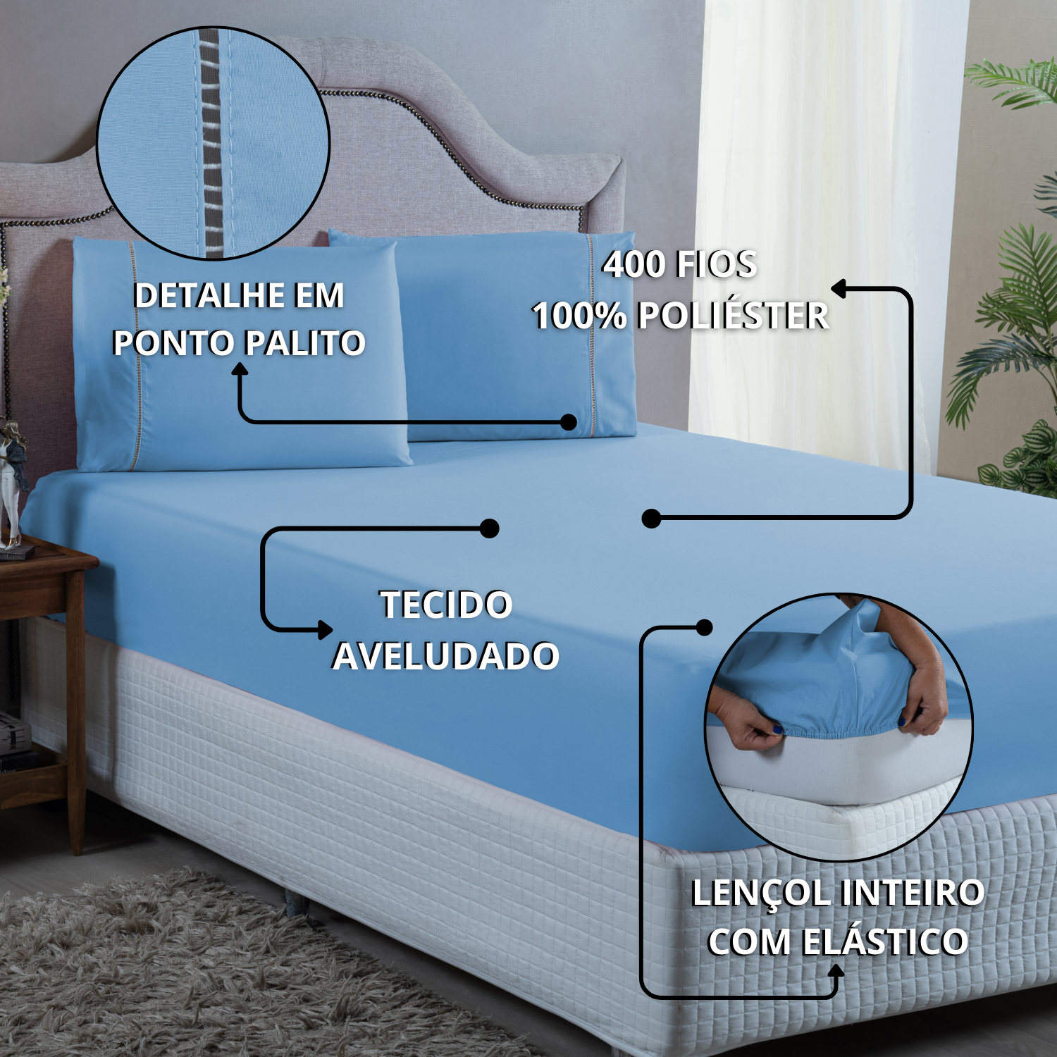 Jogo de Lençol Queen 400 Fios Detalhe em Ponto Palito 3 Peças Cama Box Padrão:azul Piscina - 6