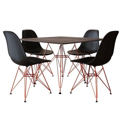 Mesa Jantar Quadrada com 4 Cadeiras Pretas Base de Ferro Cobre Tampo Amêndoa 90cm Cor: Marrom