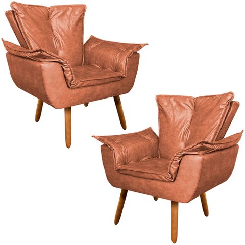 Kit 2 Poltronas Decorativas Pés Palito Charger Pu Marrom - Gran Belo