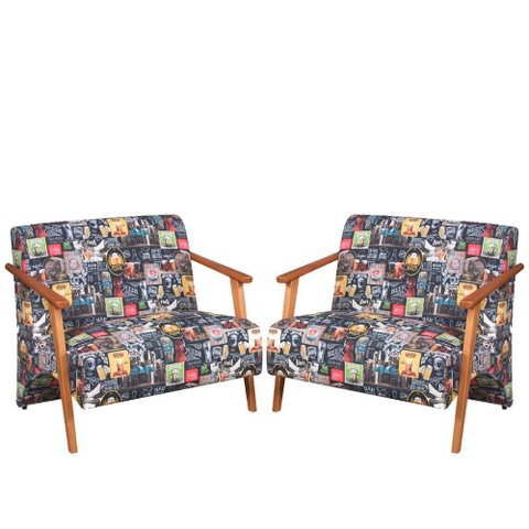 Kit 2 Poltronas Namoradeira Venus Braço Madeira Maciça Estampada Unidecor Retro Bar 107