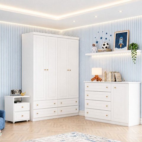 Conjunto Quarto Juvenil Americano 4 Portas 10 Gavetas Henn Branco