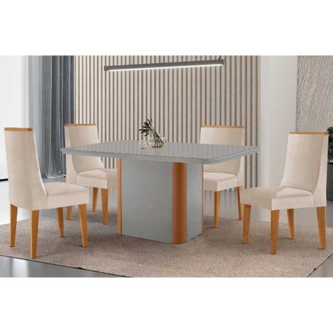 Conjunto Sala de Jantar Pietá C/ Tampo Madeirado C/ Vidro Canto Curvo 120x80cm e 4 Cadeiras Dakota