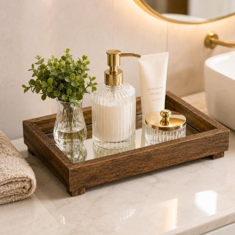 Bandeja Espelhada Decorativa Organizador Banheiro e Lavabo Madeira Natural Tratada Yeet 28cm