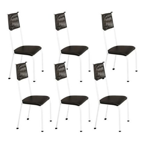 Kit 6 Cadeiras Sofia Corino Preto e Fibra Nautica Preta Tubo Branco