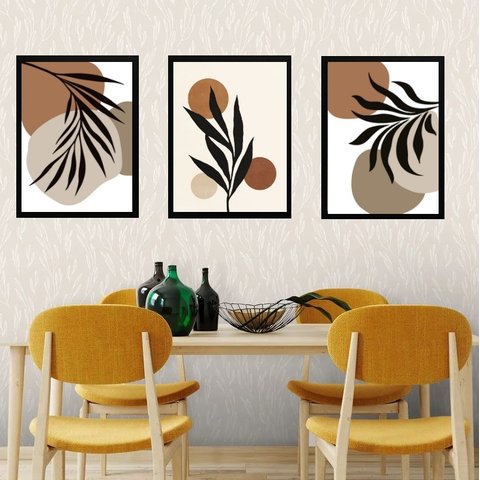 Kit 3 Quadros Abstratos Orgânicos - Folhas 24x18cm - com Vidro:madeira Branca