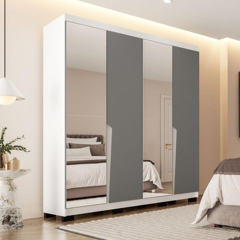 Roupeiro Solteiro Porto 4 Portas com Espelho 161x214cm Branco/Cinza 240847
