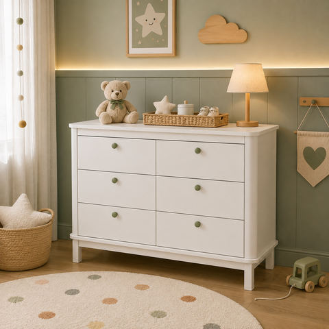 Cômoda Infantil 6 Gavetas Branco com Puxadores Verde Jade | Madeira Maciça | Quater